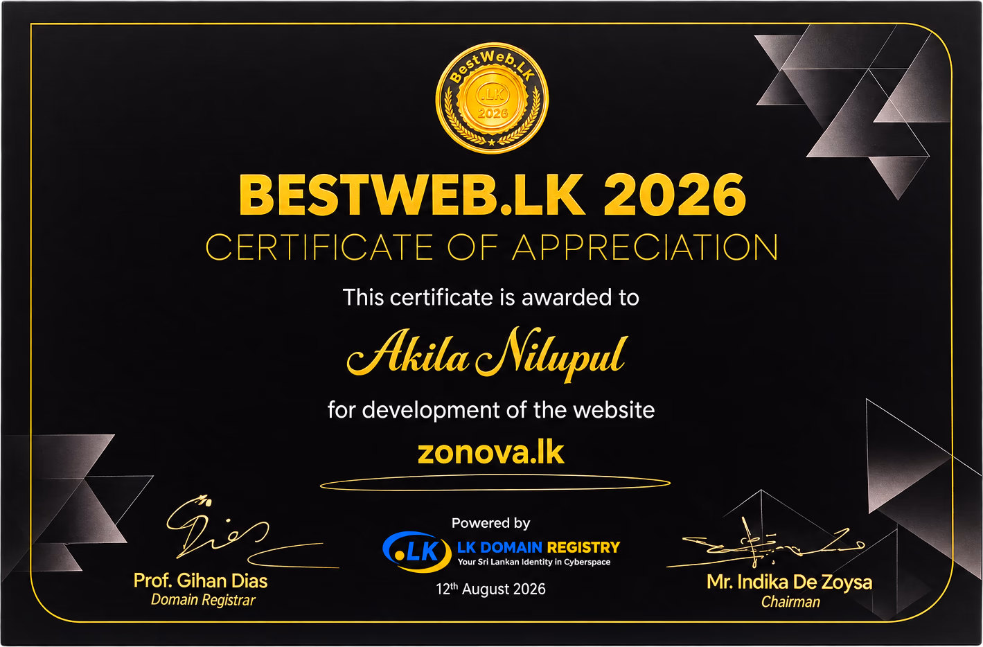 The BestWeb.LK 2026 Certificate of Appreciation, awarded to Akila Nilupul for development of the website zonova.lk, dated 12th August 2026 and signed by Prof. Gihan Dias, Domain Registrar, and Mr. Indika De Zoysa, Chairman.