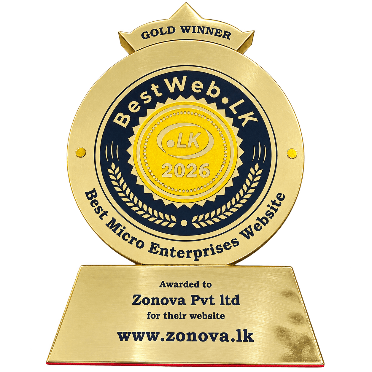 The BestWeb.lk 2026 Gold Winner trophy for Best Micro Enterprises Website, engraved "Awarded to Zonova Pvt Ltd for their website www.zonova.lk".