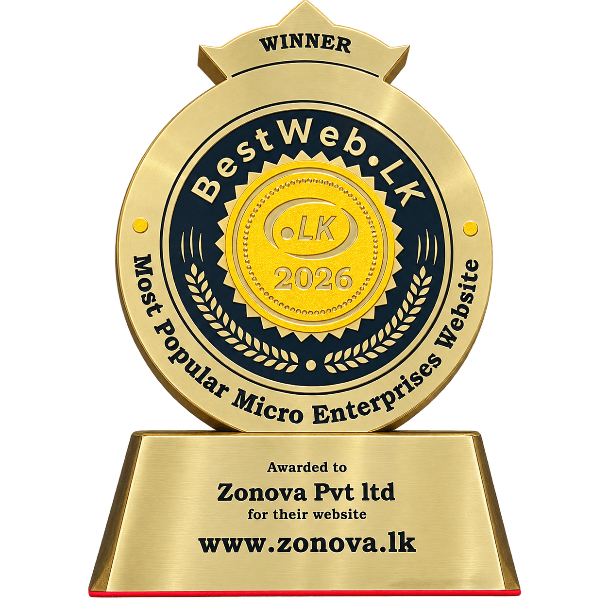 The BestWeb.lk 2026 Winner trophy for Most Popular Micro Enterprises Website, engraved "Awarded to Zonova Pvt Ltd for their website www.zonova.lk".