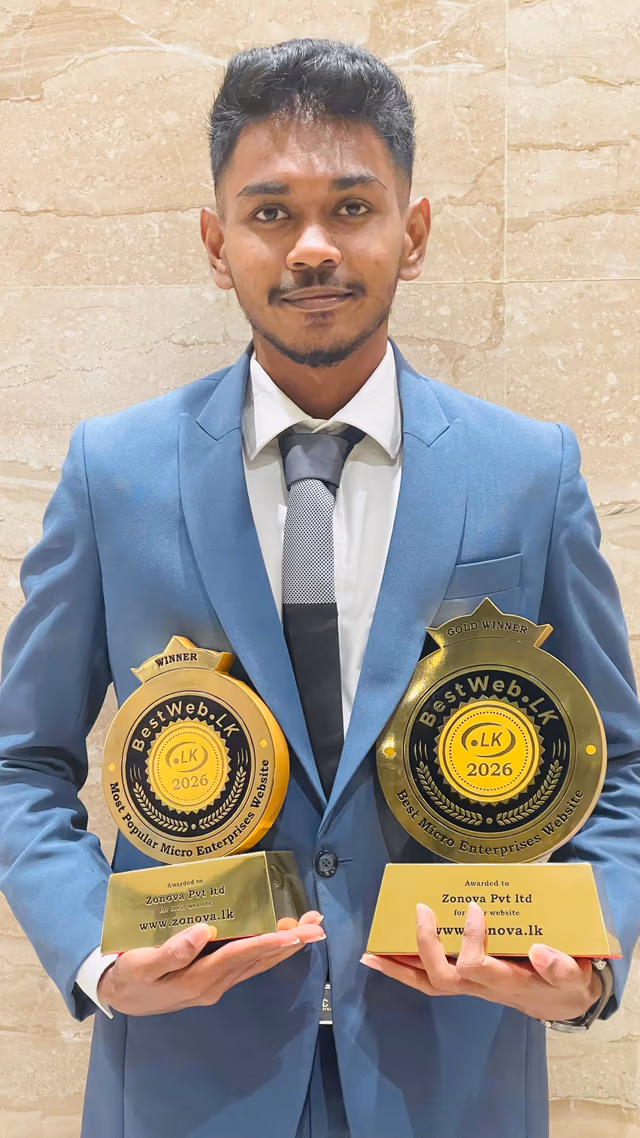 Both trophies: Gold Winner for Best Micro Enterprises Website, and Winner for Most Popular Micro Enterprises Website, awarded to zonova.lk.